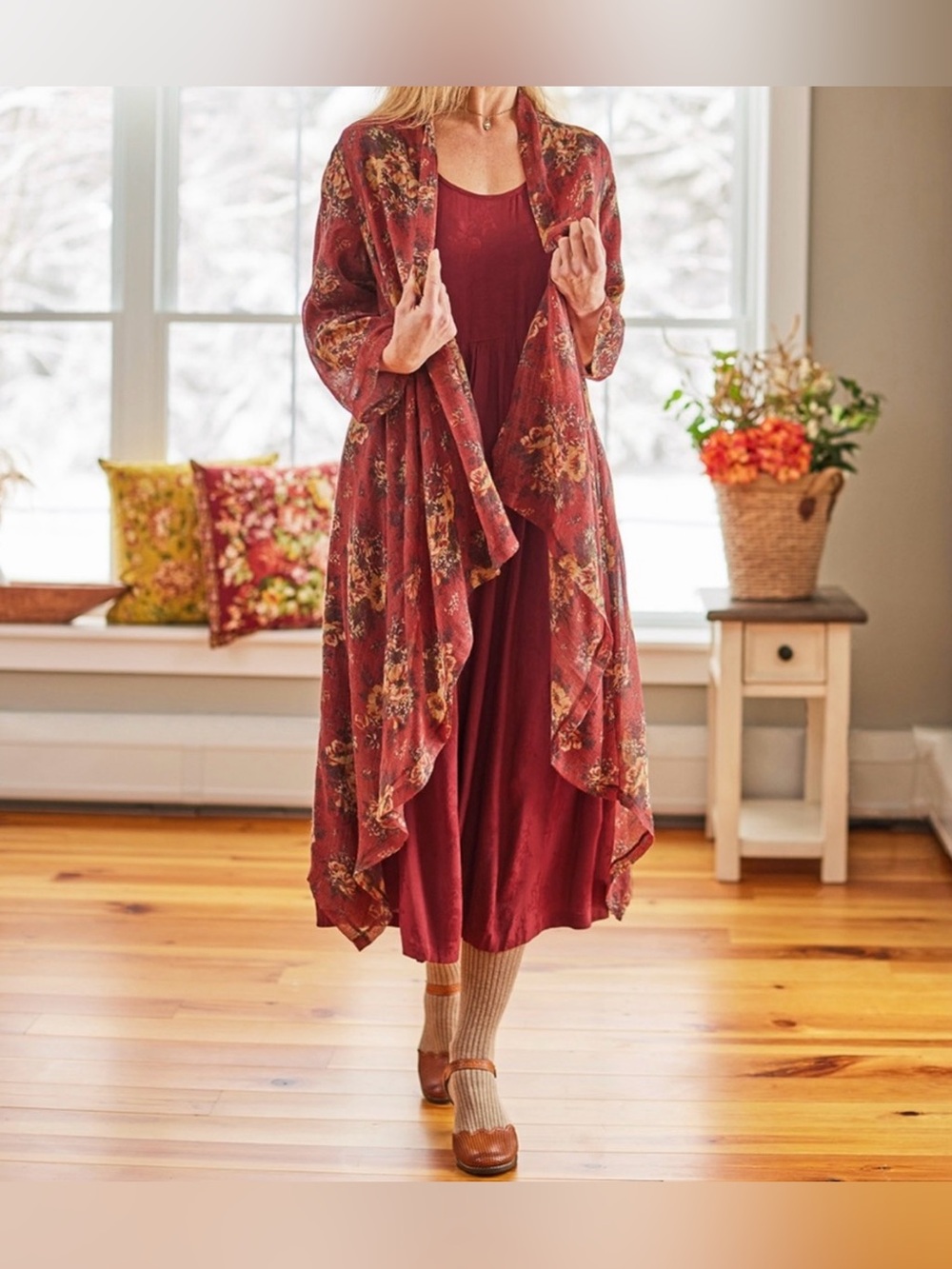April Cornell Duchess Wool Cover-Up M Rust Floral Duster Kimono Boho Fall